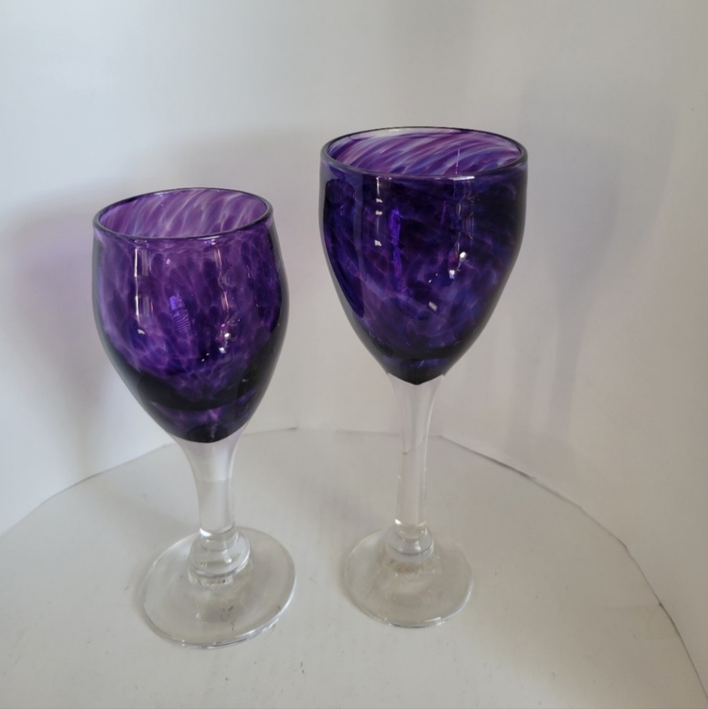 Vintage Hand Blown Deep Amethyst Glass Goblets Heavy Signed Clear Stem Set of 2